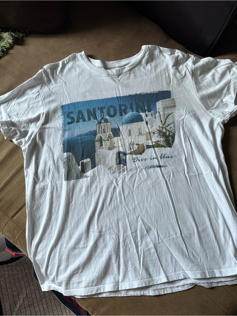 Santorini Graphic Tee - White with Blue Print